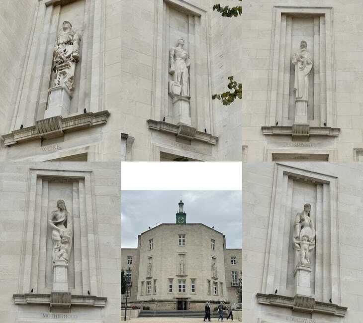 A series of statues to the rear of Waltham Forest town hall in walthamstow