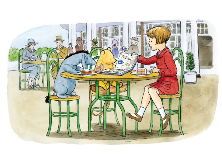 An illustration of Winnie the Pooh, Eeyore and Christopher Robin sitting at an outside cafe table