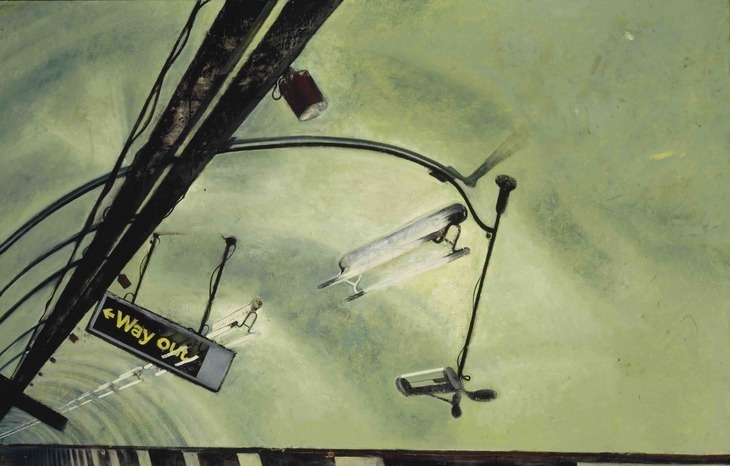 Things to do in London today: a painting of the ceiling of a pedestrian tunnel inside a Tube station, including a 'Way Out' sign
