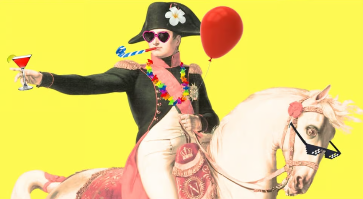 Things to do in London this weekend: a cartoon image on Napoleon on a horse holding a balloon and a cocktail, wearing heart shaped sunglasses and a flower garland