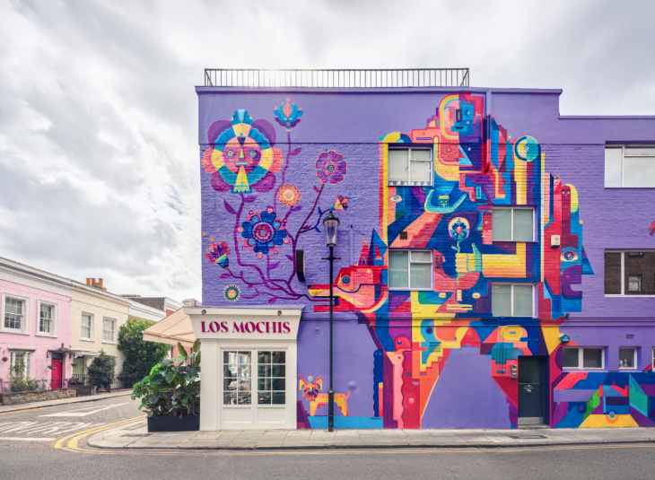 Things to do in London this weekend: the exterior of Los Mochis, a purple wall with a colourful mural