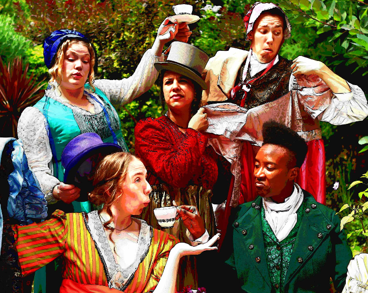 Things to do in London today: five cast members posing outside with props including tea cups and top hats