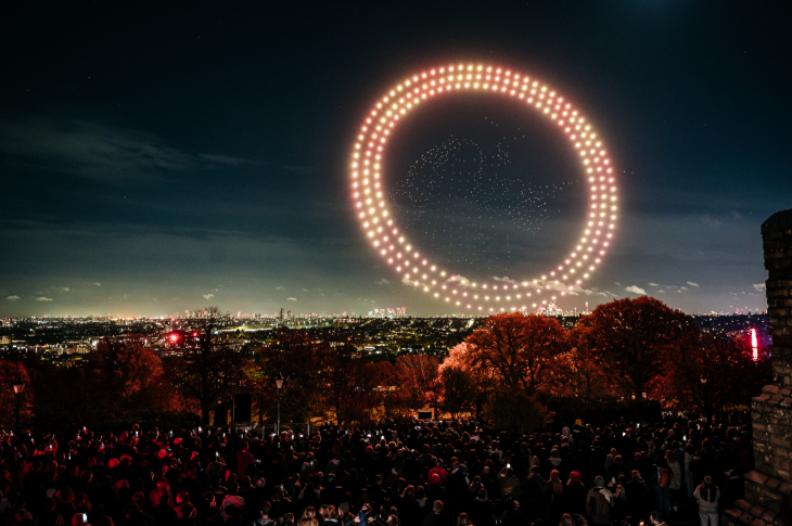 Fireworks Bonfire Night 2026 displays London:  a circle of drones in the sky at Alexandra Palace
