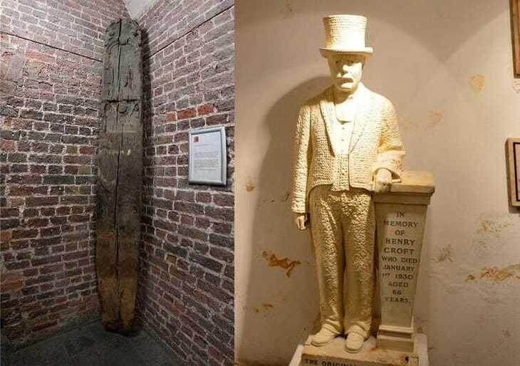 A public whipping post and a model of a pearly king
