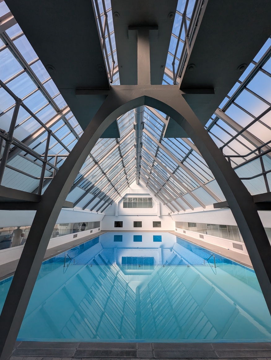 The pool as seen from the frame of a diving board