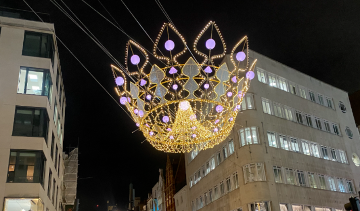 London Christmas lights 2026: an illuminated crown over Bond Street
