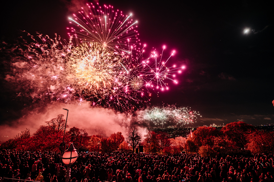 Fireworks Bonfire Night 2026 displays London: A huge crowd watching fireworks at Alexandra Palace