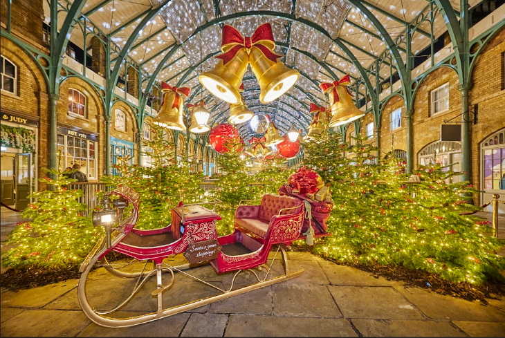 London Christmas lights 2026: A sleigh parked in the Covent Garden Market Hall beneath disco balls and giant bells