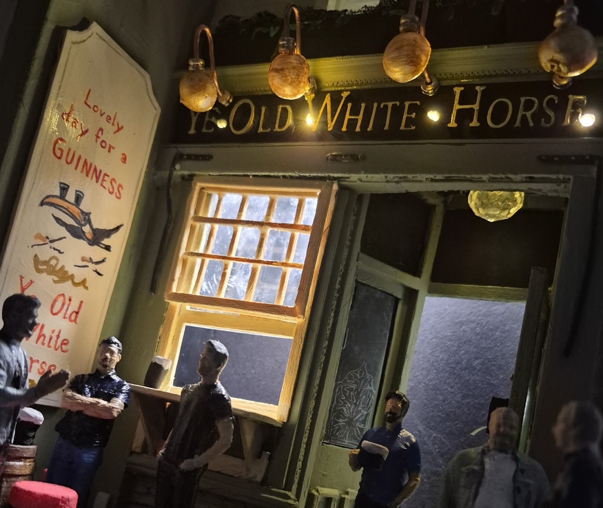 A close up of the miniature pub at night