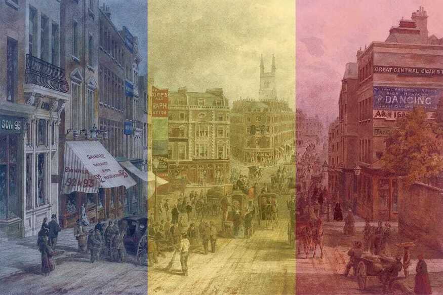 A London street scene with the Romanian flag superimposed