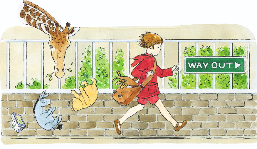 Things to do in London today: an illustration of Christopher Robin, Eeyore and Winnie the Pooh oustide a zoo, with a giraffe leaning over the fence