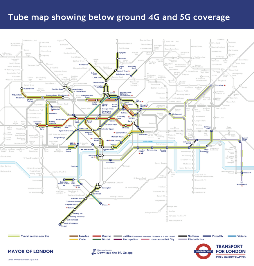 Lines on London Underground with 5G signal