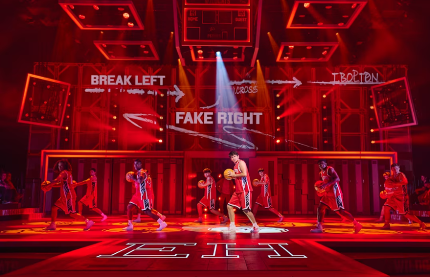 High School Musical cast members dancing in sync with basketballs on stage