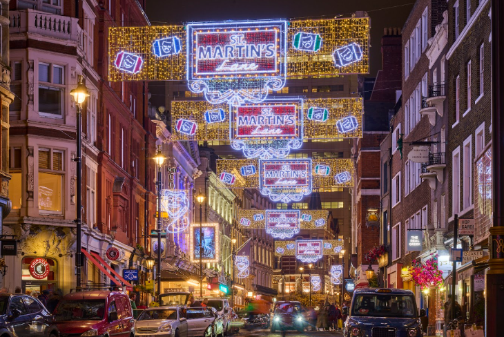 London West End Christmas lights 2026 switch on dates: Christmas lights above St Martin's Lane