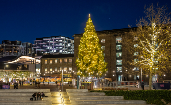 An illuminated Christmas tree in Granary Square