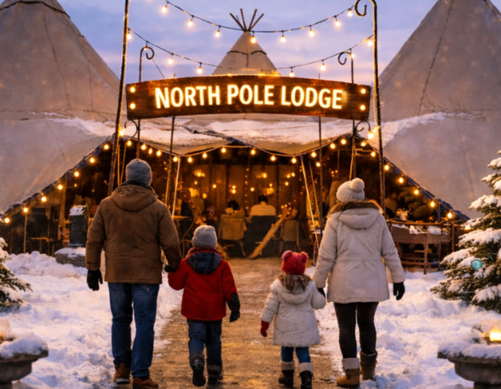 Things to do with kids in London at Christmas 2026: a family walking towards a group of tents with an illuminated sign saying 'North Pole Lodge'