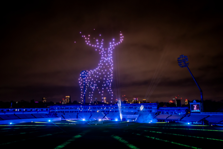 Things to do in London in November 2026: a stag made from drones illuminated above a cricket ground