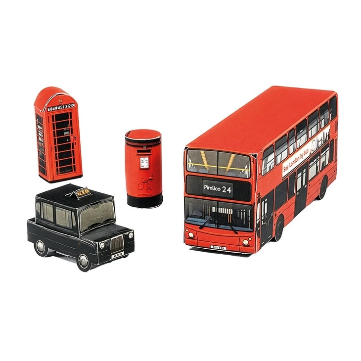 A paper bus, phone box, post box and taxi