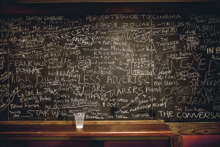 A blackboard scrawled with film names