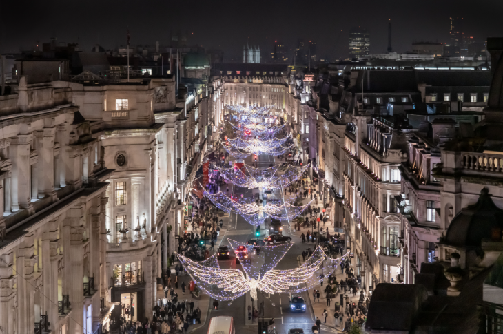 Regent Street London Christmas lights 2025: an aerial view of the length of Regent Street with the Christmas lights illuminated