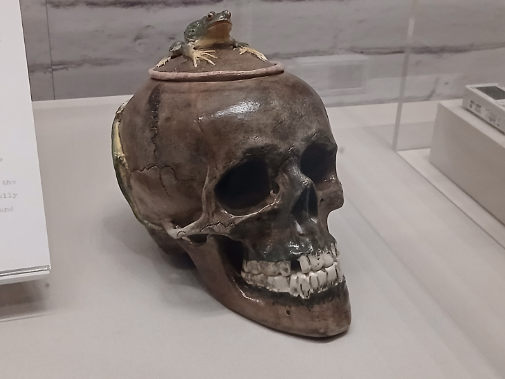 A ceramic skull with a frog on top