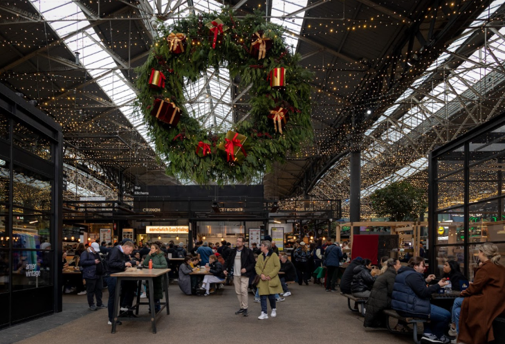 London Christmas lights 2026 switch on dates: Christmas lights and a giant wreath inside Old Spitalfields Market