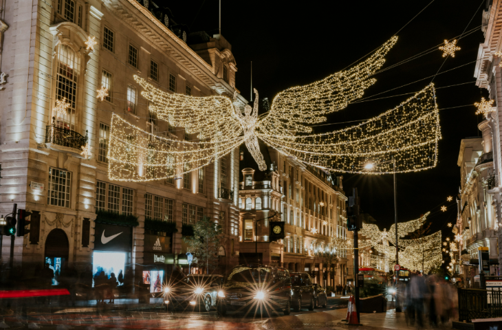 Things to do in London in November 2026: angel shaped Christmas lights over Regent Street