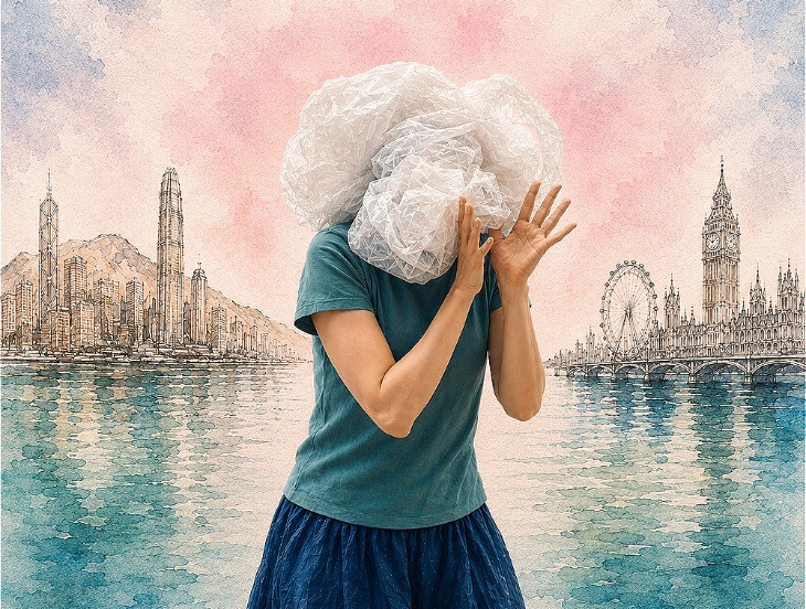 Things to do in London today : a person with a plastic back over their head, positioned between drawings of London and another city