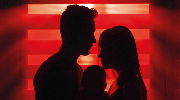 Things to do in London today: a man, woman and child facing each other, silhouetted against red backlight