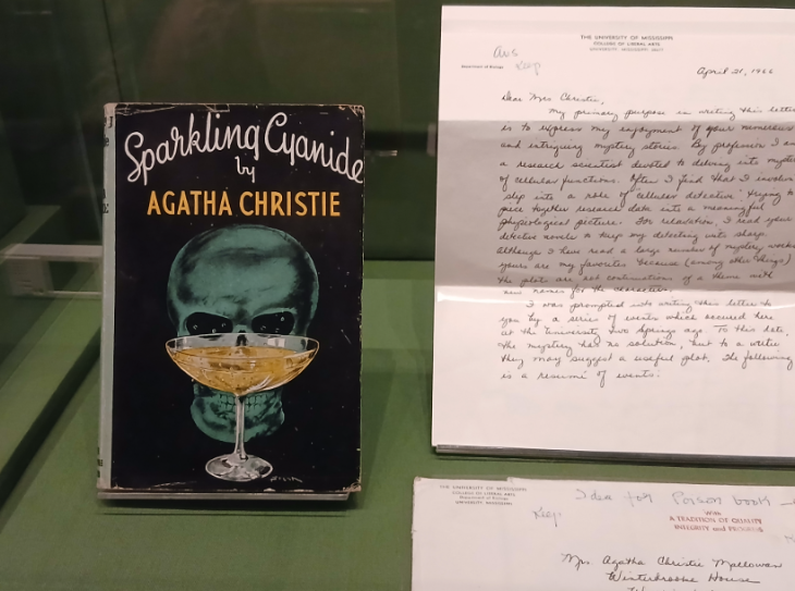 A copy of Christie's book, Sparkling Cyanide, alongside a handwritten letter