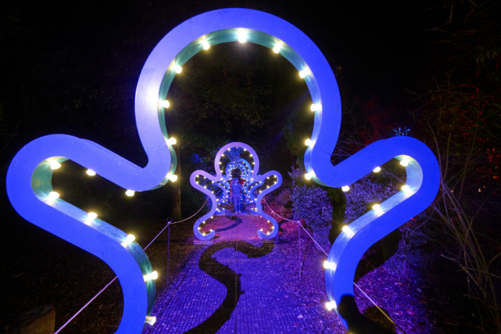 Things to do in London in December 2026: a series of giant gingerbread man shaped light arches glowing in the dark