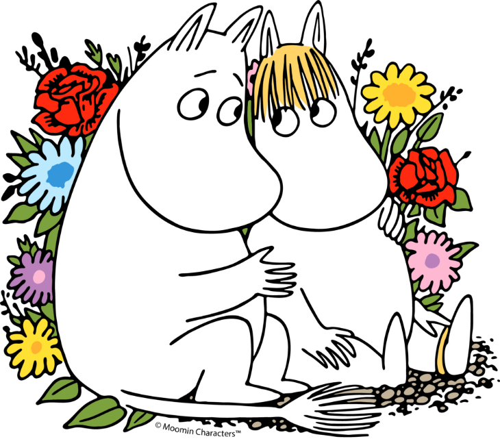 Things to do in London in November 2026:  an illustration of two Moomin characters surrounded by flowers