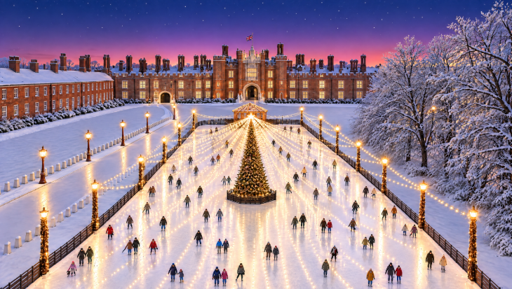 Christmas 2026 in London calendar: an illustration of an ice rink in front of Hampton Court Palace, with a Christmas tree at its centre