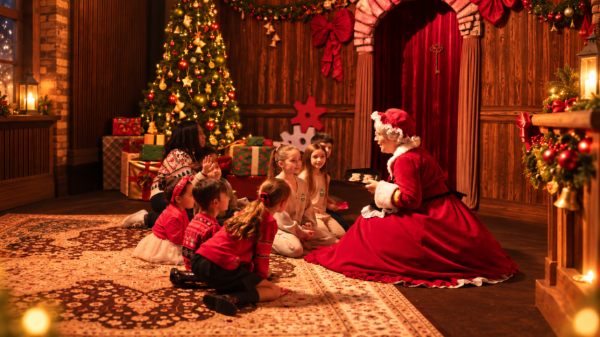Things to do with kids in London at Christmas 2026: a group of children meeting Mrs Claus in a festively decorated room