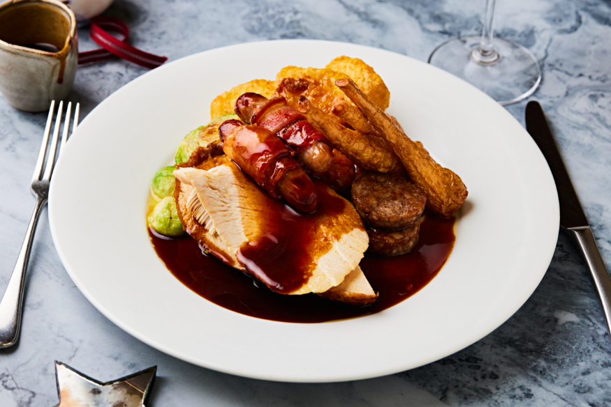 London restaurants on Christmas Day 2026: a plate with roast turkey, potatoes, parsnips, sprouts, pigs in blankets and gravy