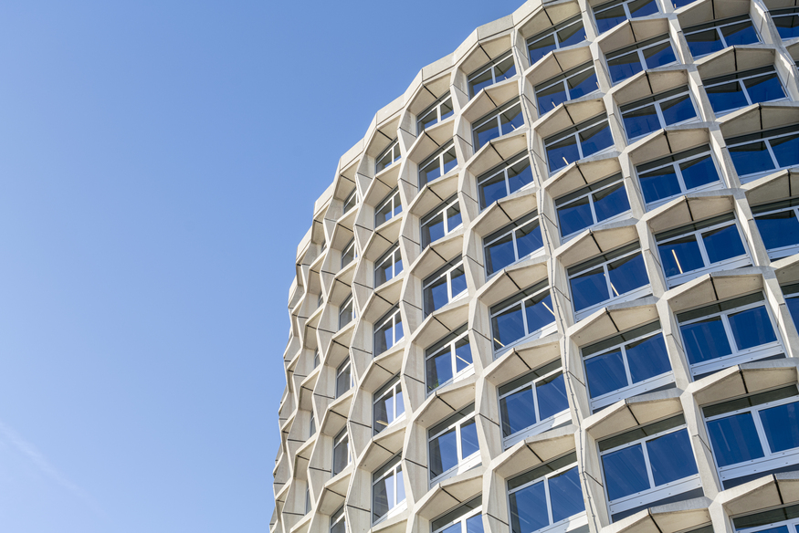 A many-windowed space age building