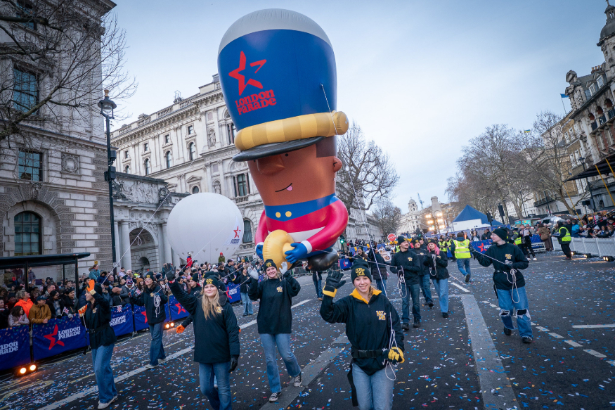 Things to do in London on New Year's Day 2027: a huge balloon of the London Parade mascot being walked through the streets of London