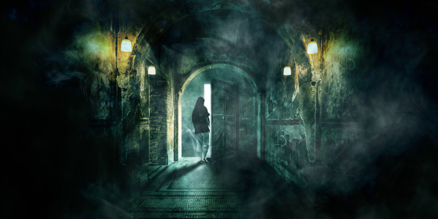 Things to do in London today: a spooky graphic showing a figure walking through a door from a foggy room