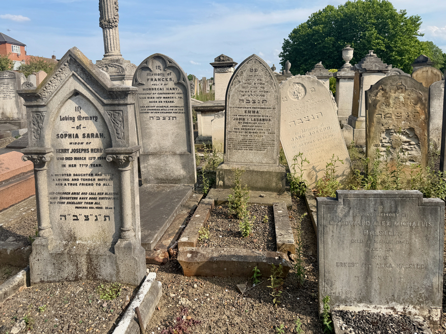 A row of weathered, grey stone tombstones in a Jewish cemetery, featuring Hebrew and English inscriptions under a clear blue sky.